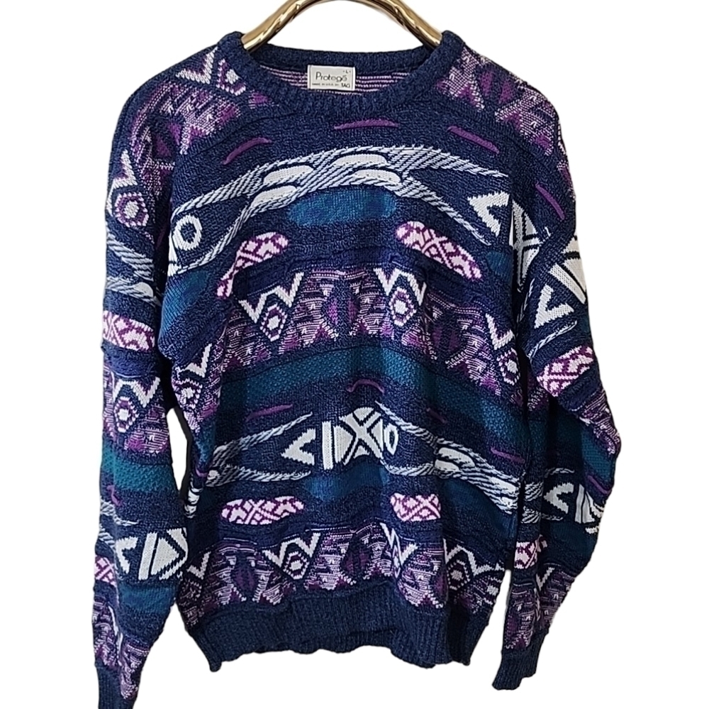 PROTÉGÉ Unisex Vintage Grandpa Chunky Knit Sweater Size Large Blue Purple